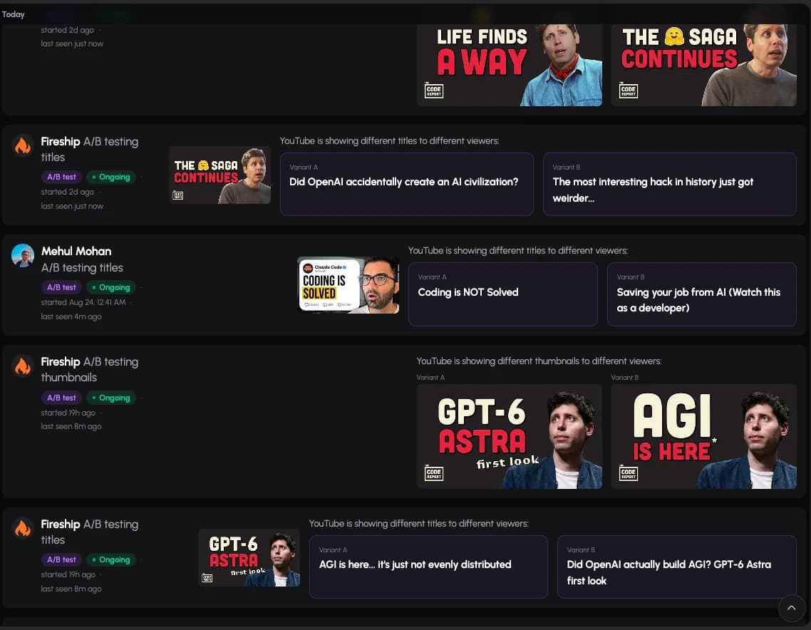 The Analytics4You feed showing four A/B test events from tracked YouTube channels, each with both title variants or both thumbnail variants side by side and how long the experiment has been running.